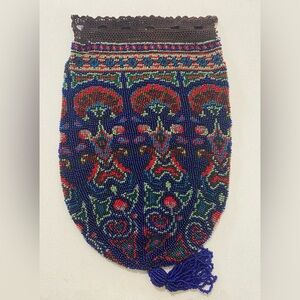 Antique Victorian Floral Micro Beaded Lined Flapper Purse (No Drawstring)